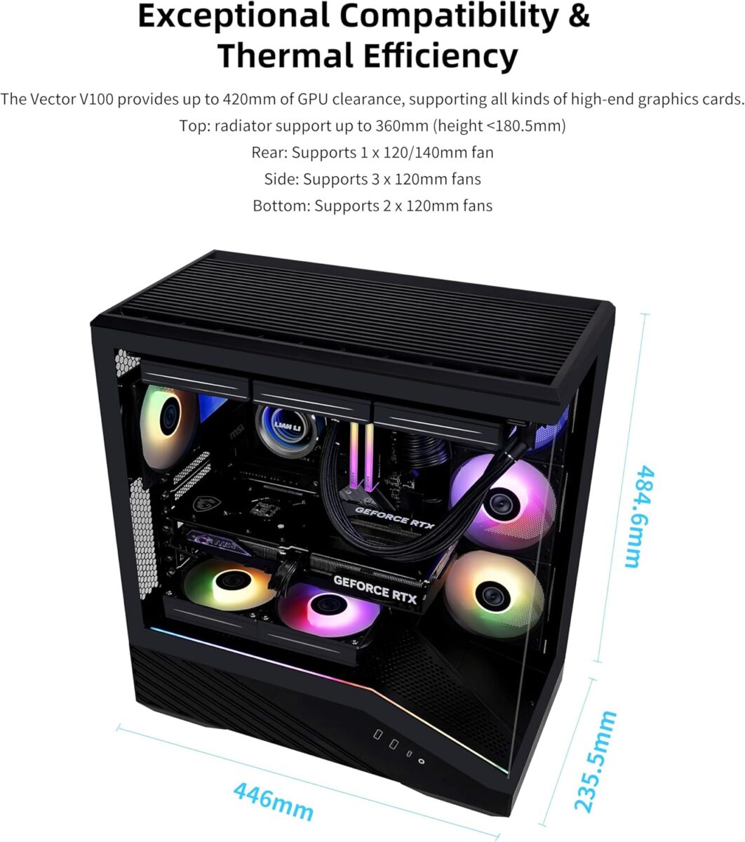Lian Li Vector V100 Black - 4 x 120mm ARGB - LED RGB Strip - Tempered Glass - ATX Case - Image 3